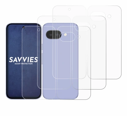 Image of the device Google Pixel 9a (Front+Back) with a wide variety of screen protectors.