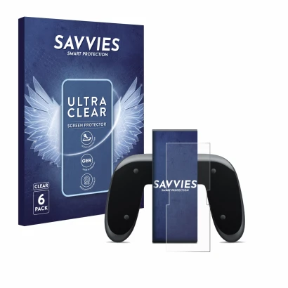 Front side of a product packaging with the brand logo Savvies. Next to it is the device Nintendo Switch 2 Joy-Con 2-Holder sho