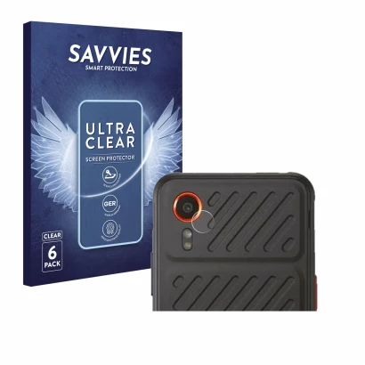 Front side of a product packaging with the brand logo Savvies. Next to it is the device Samsung Galaxy XCover 7 Enterprise Edi