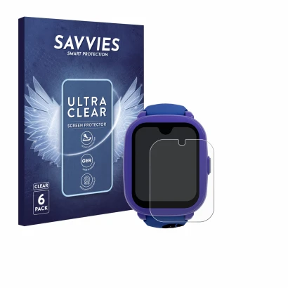 Front side of a product packaging with the brand logo Savvies. Next to it is the device SaveFamily Iconic Plus 2 4G shown with