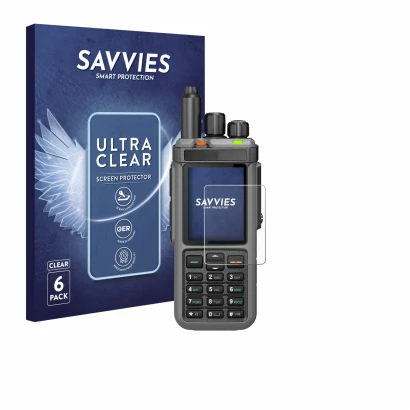 Front side of a product packaging with the brand logo Savvies. Next to it is the device Radtel RT-880 shown with the correspon