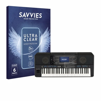 Front side of a product packaging with the brand logo Savvies. Next to it is the device Yamaha PSR-SX920 shown with the corres