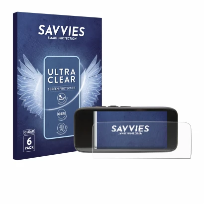Front side of a product packaging with the brand logo Savvies. Next to it is the device Peterson StroboClip HD shown with the 