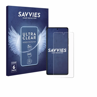 Front side of a product packaging with the brand logo Savvies. Next to it is the device Xiaomi Poco M6 Pro 4G shown with the c