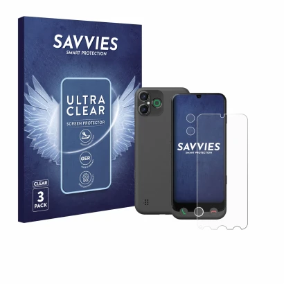 Front side of a product packaging with the brand logo Savvies. Next to it is the device Doro Aurora A30 (Front+Camera) shown w