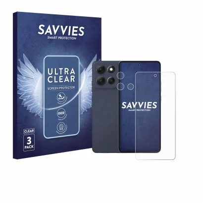 Front side of a product packaging with the brand logo Savvies. Next to it is the device Motorola Moto G86 (Front+Camera) shown