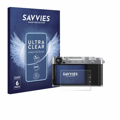 Front side of a product packaging with the brand logo Savvies. Next to it is the device Fujifilm X-E5 shown with the correspon