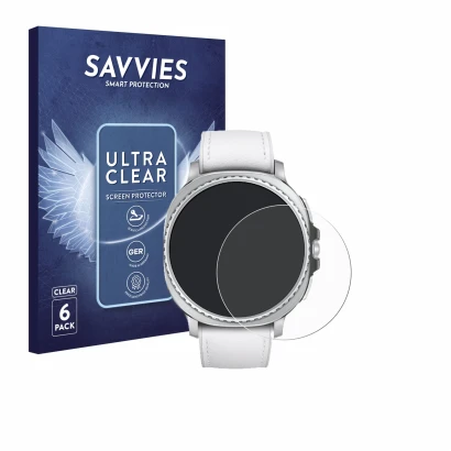 Front side of a product packaging with the brand logo Savvies. Next to it is the device Samsung Galaxy Watch 8 Classic (46 mm)