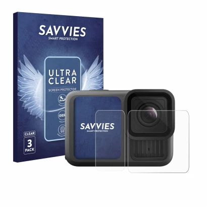 Front side of a product packaging with the brand logo Savvies. Next to it is the device GoPro Hero 13 Black Ultra Wide Edition