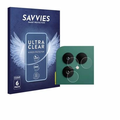 Front side of a product packaging with the brand logo Savvies. Next to it is the device Fairphone 6 (ONLY Camera) shown with t