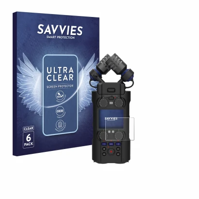 Front side of a product packaging with the brand logo Savvies. Next to it is the device Zoom H5 Studio shown with the correspo