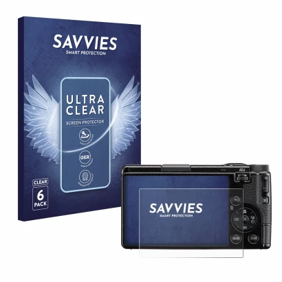 Front side of a product packaging with the brand logo Savvies. Next to it is the device Ricoh GR IV 2025 shown with the corres