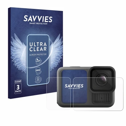 Front side of a product packaging with the brand logo Savvies. Next to it is the device GoPro Hero 13 Black Creator Edition sh