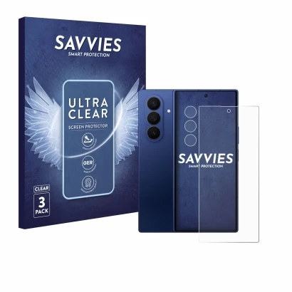 Front side of a product packaging with the brand logo Savvies. Next to it is the device Samsung Galaxy Z Fold 7 (Front+Camera)
