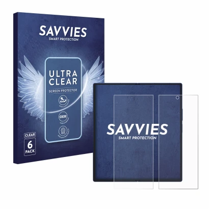 Front side of a product packaging with the brand logo Savvies. Next to it is the device Samsung Galaxy Z Fold 7 (Inner display