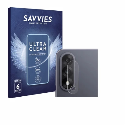 Front side of a product packaging with the brand logo Savvies. Next to it is the device OnePlus Nord 5 (ONLY Camera Lens) show
