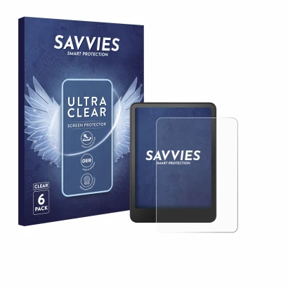Front side of a product packaging with the brand logo Savvies. Next to it is the device Amazon Kindle Colorsoft shown with the
