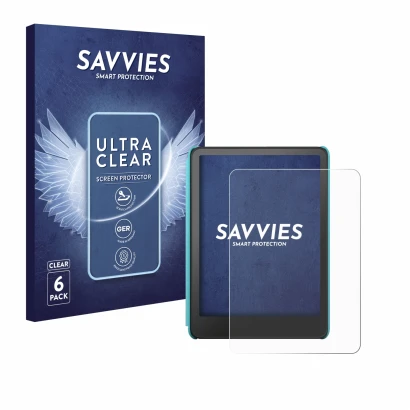 Front side of a product packaging with the brand logo Savvies. Next to it is the device Amazon Kindle Colorsoft Kids shown wit