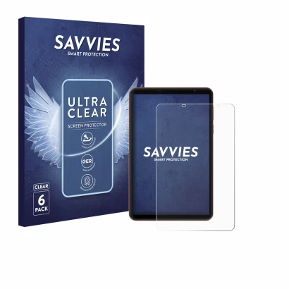 Front side of a product packaging with the brand logo Savvies. Next to it is the device Blackview Zeno 1 8" shown with the cor