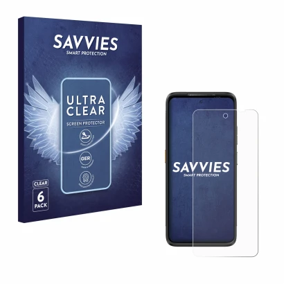 Front side of a product packaging with the brand logo Savvies. Next to it is the device Ulefone Armor 23 Ultra shown with the 