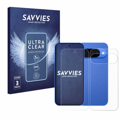 Front side of a product packaging with the brand logo Savvies. Next to it is the device Google Pixel 10 (Front+Back) shown wit