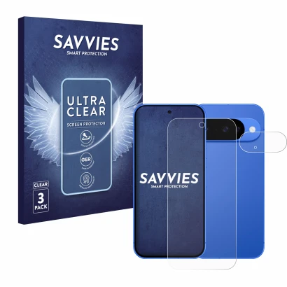Front side of a product packaging with the brand logo Savvies. Next to it is the device Google Pixel 10 (Front+Camera) shown w
