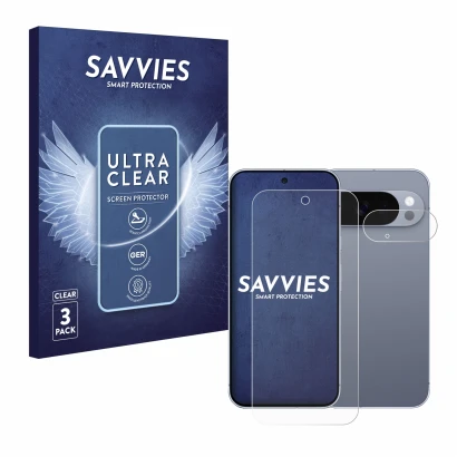 Front side of a product packaging with the brand logo Savvies. Next to it is the device Google Pixel 10 Pro (Front+Camera) sho