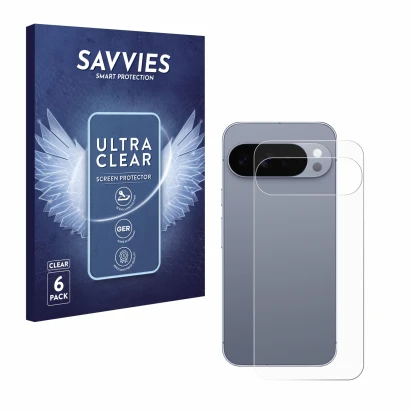 Front side of a product packaging with the brand logo Savvies. Next to it is the device Google Pixel 10 Pro XL (Back) shown wi
