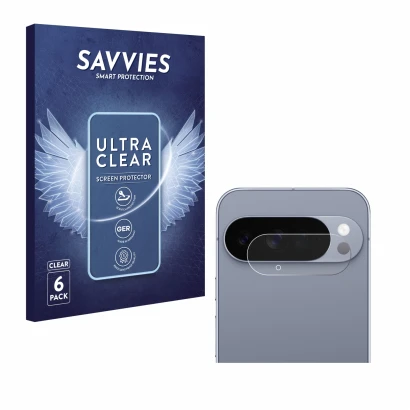 Front side of a product packaging with the brand logo Savvies. Next to it is the device Google Pixel 10 Pro XL (ONLY Camera Le