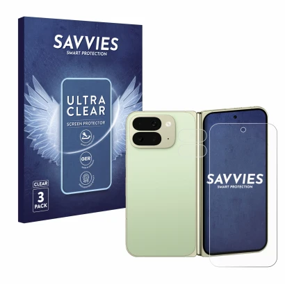 Front side of a product packaging with the brand logo Savvies. Next to it is the device Google Pixel 10 Pro Fold (Front+Camera