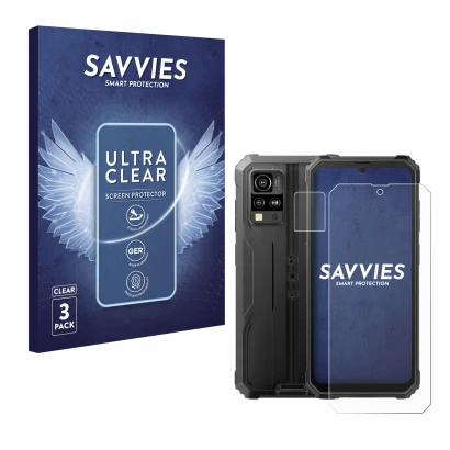 Front side of a product packaging with the brand logo Savvies. Next to it is the device Blackview BV4800 (Front+Camera) shown 