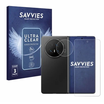 Front side of a product packaging with the brand logo Savvies. Next to it is the device Honor Magic V5 (Front+Camera) shown wi
