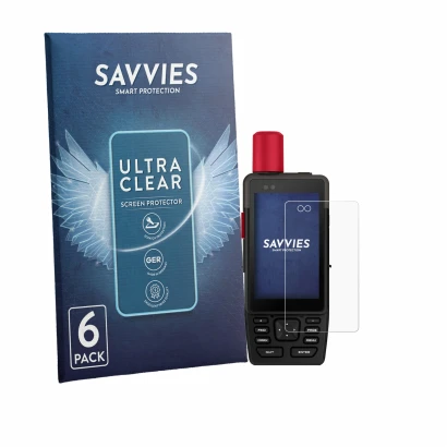Front side of a product packaging with the brand logo Savvies. Next to it is the device Garmin GPSMAP H1i Plus shown with the 