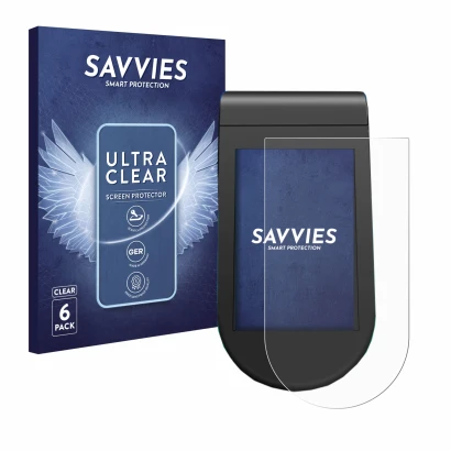 Front side of a product packaging with the brand logo Savvies. Next to it is the device SoFlow SO4 Pro MAX shown with the corr