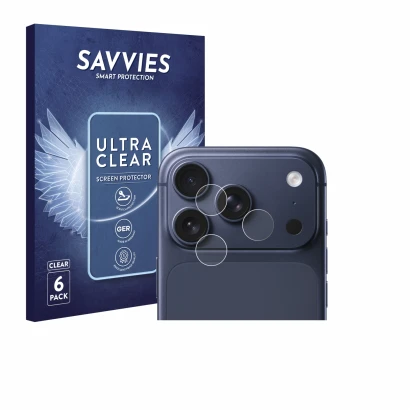 Front side of a product packaging with the brand logo Savvies. Next to it is the device Apple iPhone 17 Pro (ONLY Camera Lens)