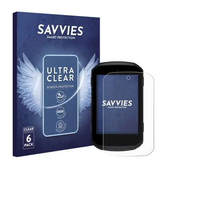 Front side of a product packaging with the brand logo Savvies. Next to it is the device Garmin Edge 850 shown with the corresp