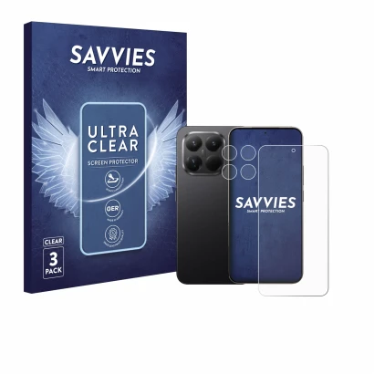 Front side of a product packaging with the brand logo Savvies. Next to it is the device Xiaomi 15T Pro (Front+Camera) shown wi