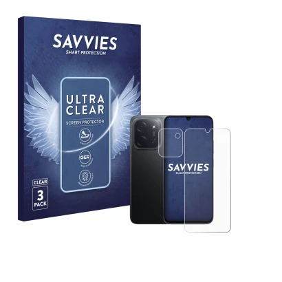 Front side of a product packaging with the brand logo Savvies. Next to it is the device Xiaomi Poco C85 (Front+Camera) shown w