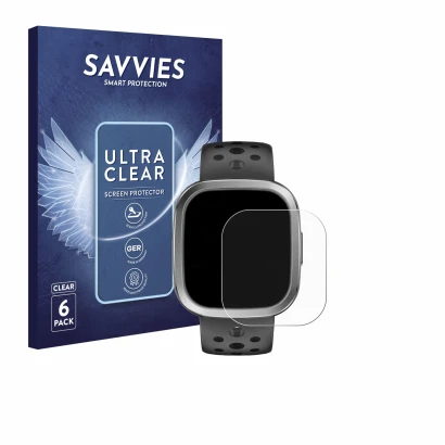 Front side of a product packaging with the brand logo Savvies. Next to it is the device YYKY Smartwatch 1.72" shown with the c