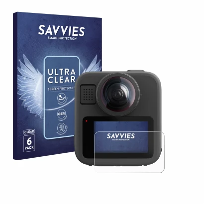Front side of a product packaging with the brand logo Savvies. Next to it is the device GoPro Max 2 shown with the correspondi