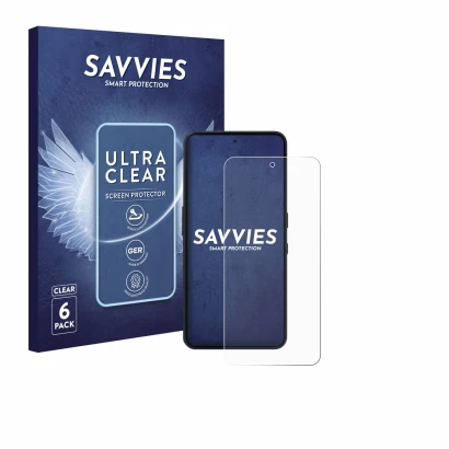 Front side of a product packaging with the brand logo Savvies. Next to it is the device Nothing Phone (3a) Lite shown with the