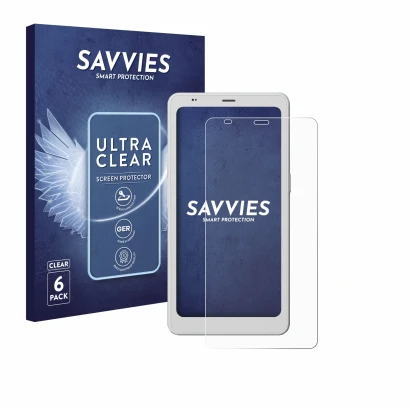 Front side of a product packaging with the brand logo Savvies. Next to it is the device Boox Palma 2 Pro shown with the corres