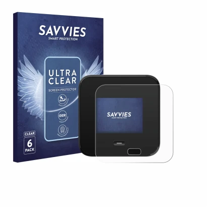 Front side of a product packaging with the brand logo Savvies. Next to it is the device Netgear Nighthawk M7 Pro shown with th