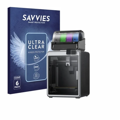 Front side of a product packaging with the brand logo Savvies. Next to it is the device Creality K2 shown with the correspondi