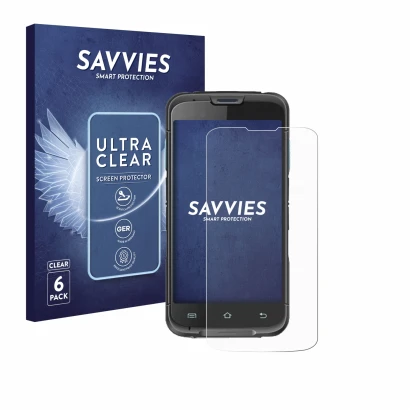 Front side of a product packaging with the brand logo Savvies. Next to it is the device Unitech EA602 shown with the correspon