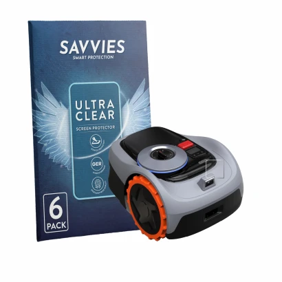 Front side of a product packaging with the brand logo Savvies. Next to it is the device Navimow i105E+ shown with the correspo
