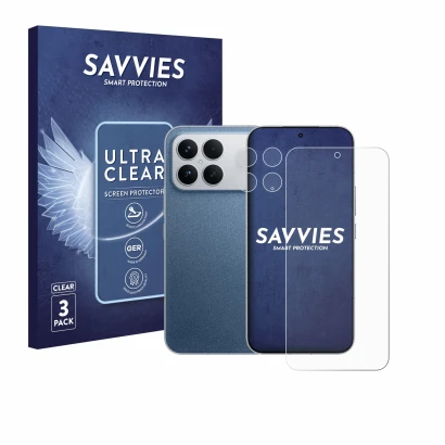 Front side of a product packaging with the brand logo Savvies. Next to it is the device Xiaomi Poco F8 Ultra (Front+Camera) sh