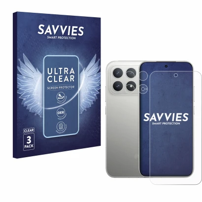 Front side of a product packaging with the brand logo Savvies. Next to it is the device Xiaomi Poco F8 Pro (Front+Camera) show