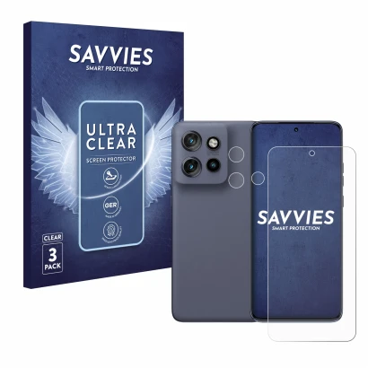 Front side of a product packaging with the brand logo Savvies. Next to it is the device Motorola Edge 60 Neo (Front+Camera) sh