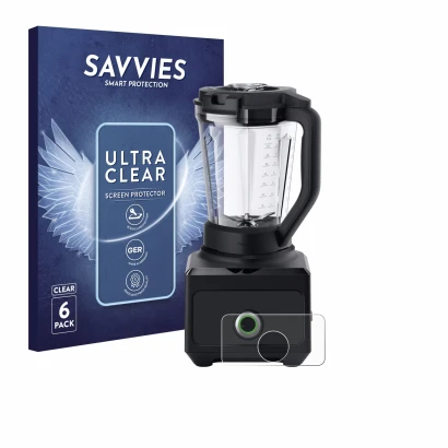 Front side of a product packaging with the brand logo Savvies. Next to it is the device Braun PowerBlend 9 shown with the corr